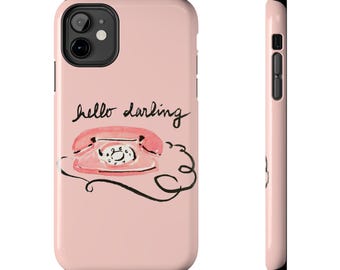 Hello Darling Retro Phone Illustration Tough Phone Case | Pink Vintage Telephone
