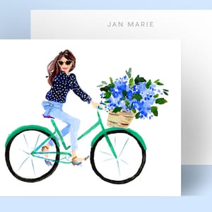 Personalized Stationery Notecards: Nantucket Bike Girl {Stationary Notecards, Personalized, Watercolor, Custom, Fashion Drawing, Girly}