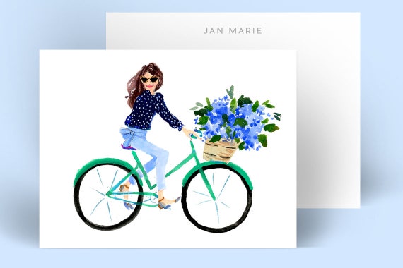 Personalized Stationery Notecards: Nantucket Bike Girl {Stationary Notecards, Personalized, Watercolor, Custom, Fashion Drawing, Girly}
