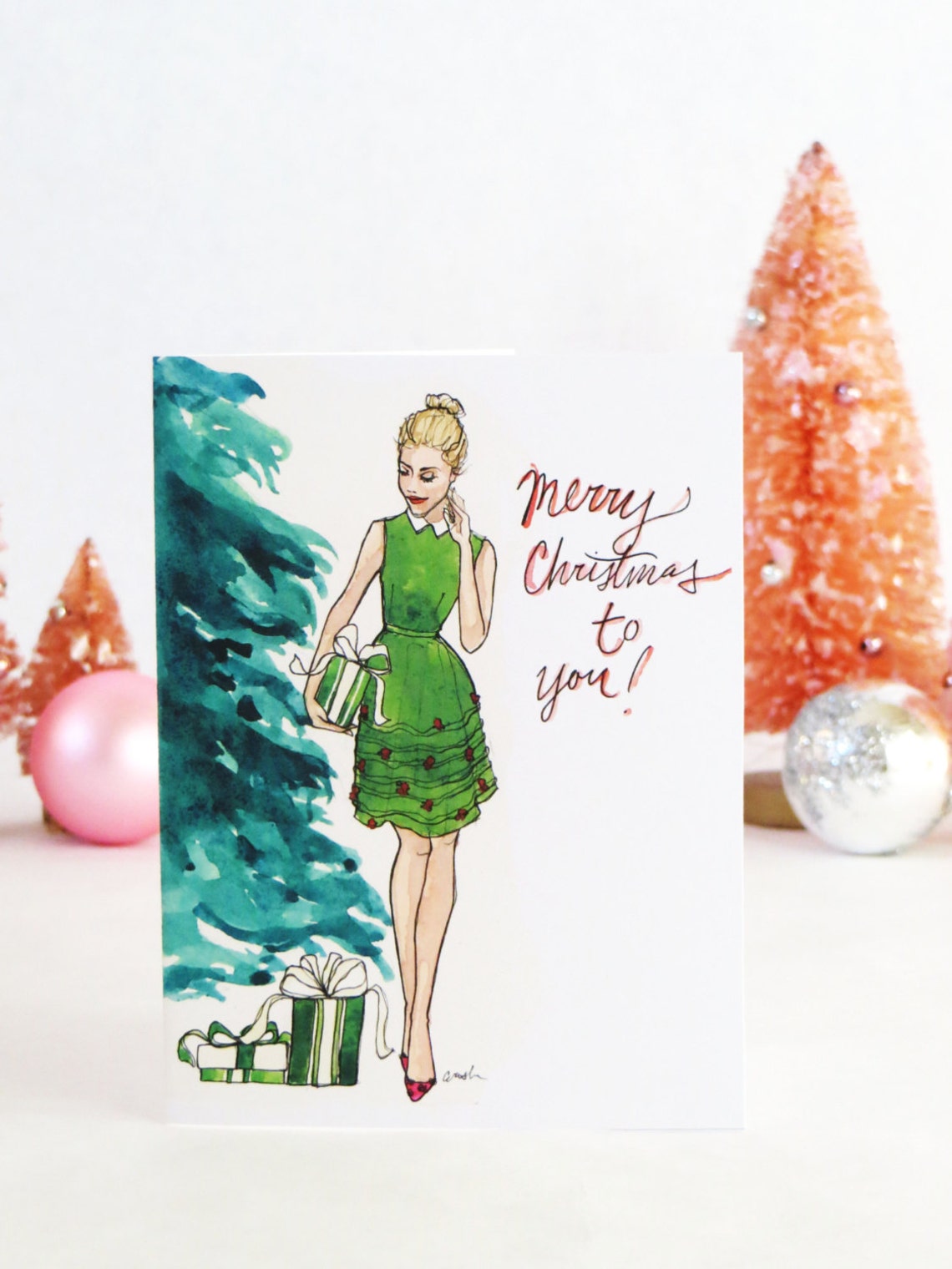 Set of Illustrated Christmas Cards by the Tree { Fashion