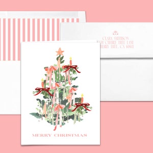 Christmas Card: Vintage Pink Bow Tree {Stationary Notecards, Personalized, Watercolor, Custom, Fashion Drawing, Girly}