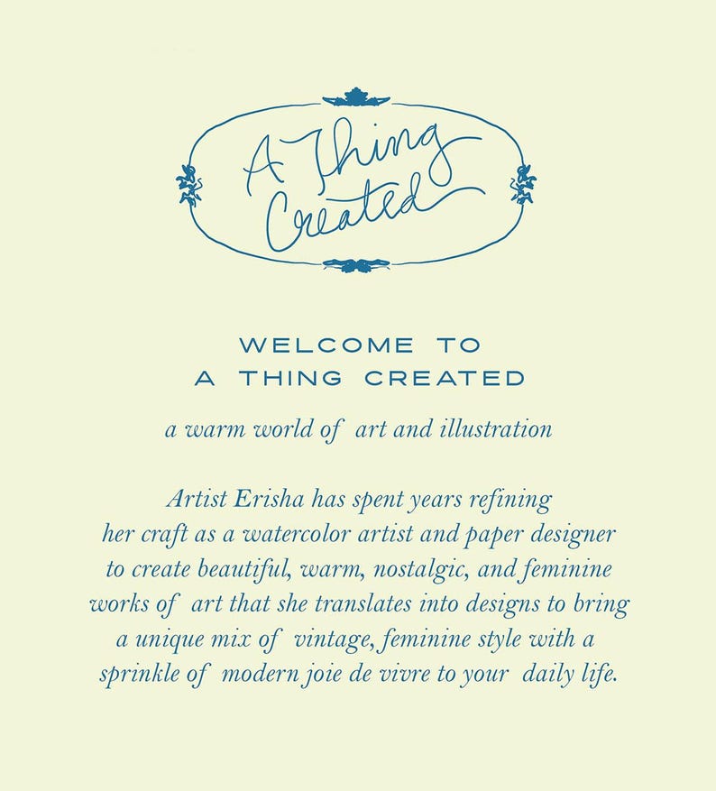 Op de afbeelding: Een A Thing Created logo met een blauwe ovale lijst en handschrift. De tekst luidt "A Thing Created" en wordt gevolgd door de tekst "Welkom bij A Thing Created, een warme wereld van kunst en illustratie".