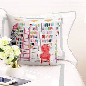 Illustrated Pillow: In The Library {Fashion pillow, cute pillow, illustration pillow, book pillow, girl's room, dorm room, reading pillow}