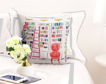 Illustrated Pillow: In The Library {Fashion pillow, cute pillow, illustration pillow, book pillow, girl's room, dorm room, reading pillow}