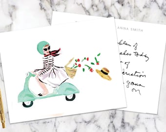 Personalized Stationery Notecards: Vespa Girl {Stationary Notecards, Personalized, Watercolor, Custom, Fashion Drawing, Girly}