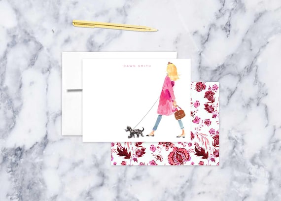Personalized Stationery Set: Pink Coat Headband Girl With Black Dog {Stationary Notecards, Personalized, Watercolor, Custom}