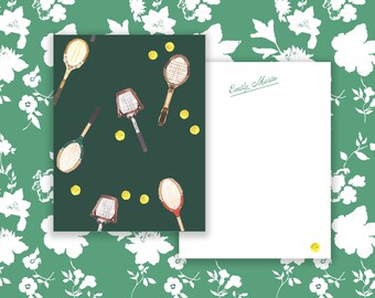 Personalized Stationery: Vintage Tennis Racquets Hunter {Stationary Notecards, Personalized, Watercolor, Monogram, Custom, Fashion Drawing}