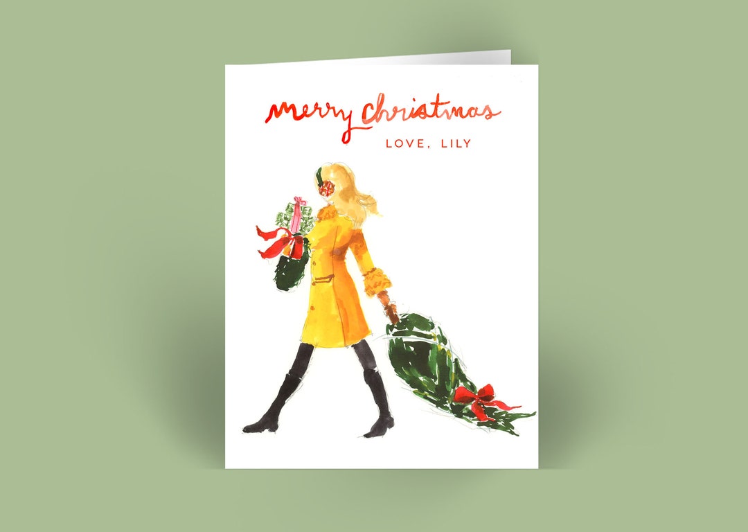 Personalized Christmas Cards Yellow Coat Tree Girl Etsy