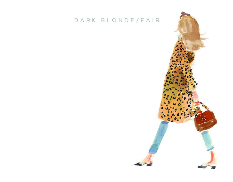 May include: A watercolor illustration of a woman wearing a leopard print coat and blue jeans, walking with a brown handbag. The text "DARK BLONDE/FAIR" is written at the top of the image.
