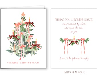 Christmas Card: Vintage Pink Bow Tree {Stationary Notecards, Personalized, Watercolor, Custom, Fashion Drawing, Girly} Custom Little Women