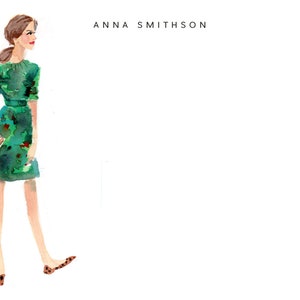 Custom Stationery Girl: Green Dress Leopard Shoes {Stationary Notecards, Personalized, Watercolor, Custom, Fashion Drawing, Girly}