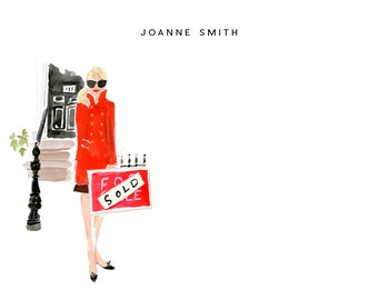 Personalized Realtor Notecards: Red Coat Black Door Sold Sign {Stationary Notecards, Personalized, Watercolor, Fashion Drawing, Girly}