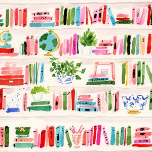 Art Print: Bright Bookshelf {Cute Wall Art, Home Decorating, Original Painting, Watercolor, Wall Decor, Interior, Girly, Ideas}