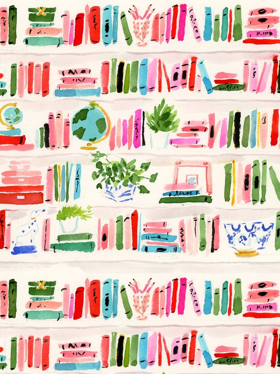 Art Print: Bookshelf Print {Book Sketch, Reader, Reading Drawing, Cute  Sketch, Girly, Fashion Illustration, Home Decorating, Watercolor}