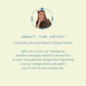 May include: A light cream-colored graphic with the text "ABOUT THE ARTIST" and a portrait of a woman in a blue circular frame. The text below states the artist's name and describes her design style.