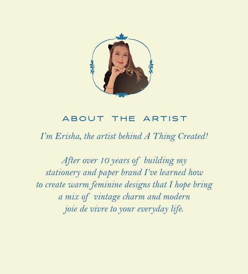 May include: A light cream-colored graphic with the text "ABOUT THE ARTIST" and a portrait of a woman in a blue circular frame. The text below states the artist's name and describes her design style.