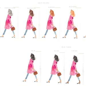 May include: Illustration of a woman wearing a pink coat and blue jeans, walking with a handbag. The illustration shows different hair colors and skin tones.