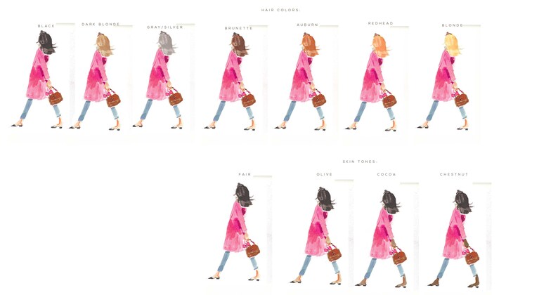 May include: Illustration of a woman wearing a pink coat and blue jeans, walking with a handbag. The illustration shows different hair colors and skin tones.