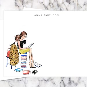 Personalized Stationery: Retro Modern Reader {Stationary Notecards, Personalized, Watercolor, Monogram, Custom, Fashion Drawing, Girly}