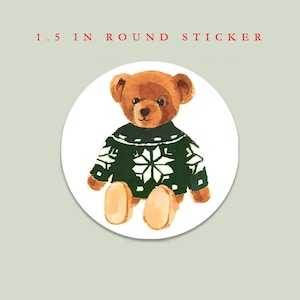 Matte Round Sticker/Envelope Seal: Green Christmas Sweater Teddy