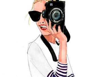 Art Print: Camera Girl in Navy and White {Cute Wall Art, Home Decorating, Original Painting, Watercolor, Wall Decor, Interior Design, Girly}