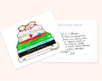 Customizable Book Stack Bright Books: Stationery {Stationary Notecards, Personalized, Watercolor, Custom, Fashion Drawing, Girly}