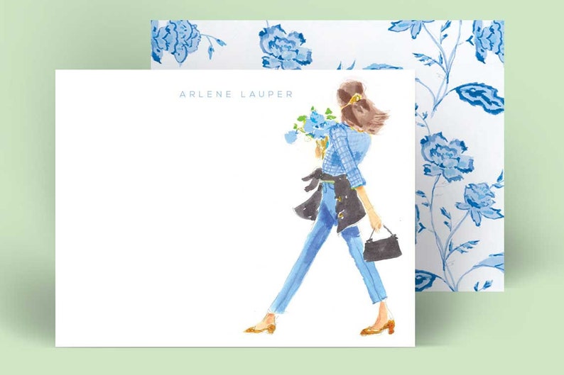 Personalized Stationery Set: Blue Gingham Girl Stationary Notecards, Personalized, Watercolor, Monogram, Custom, Fashion Drawing, Girly image 1