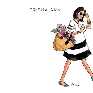 May include: A woman wearing a white and black striped dress and sunglasses carries a wicker basket filled with pink flowers. The text "ERISHA ANN" is at the top of the image.
