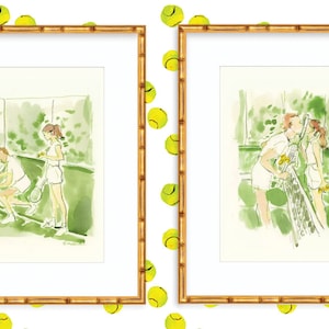 Tennis Print Set: Audrey Hepburn and Mel Ferrer Tennis Lessons {Cute Wall Art, Tennis Art, Fashion, Home Decorating, Painting, Watercolor}