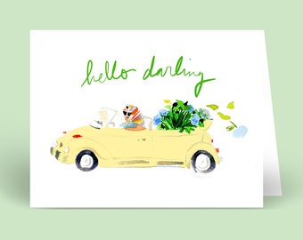 Convertible Girl Hello Darling Yellow {Stationary Notecards, Personalized, Watercolor, Custom, Fashion Drawing, Girly}