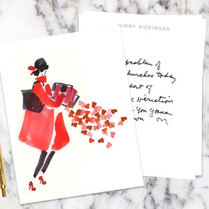 May include: A watercolor illustration of a woman in a red coat and black hat carrying a bag and scattering red hearts. The text on the card reads "problem? hunches today sort of a direction - you gonna run on"