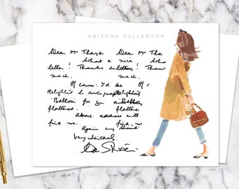 Personalized Stationery Girl: Camel Coat Headband Girl {Stationary Notecards, Personalized, Watercolor, Custom, Fashion Drawing, Girly}