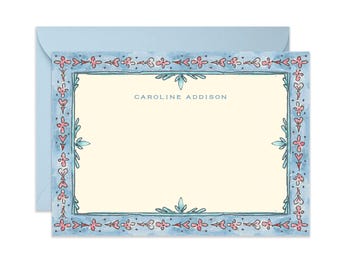 Scrollwork Hearts Mist Blue Personalized Stationery {Stationary Notecards, Personalized, Watercolor, Monogram, Custom, Girly}