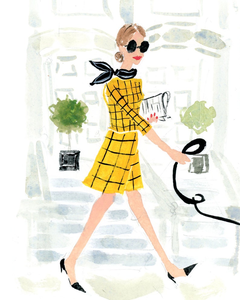 May include: A woman in a yellow and black plaid dress with a black bow tie and sunglasses walks down a set of stairs.