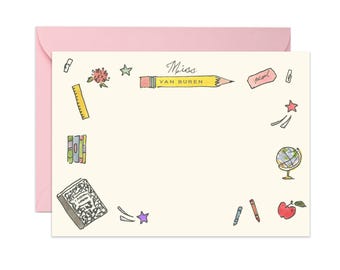 Teacher Pencil Personalized Stationery {Back to School, Stationary Notecards, Personalized, Watercolor, Monogram, Custom, Girly}
