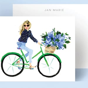 Personalized Stationery Notecards: Nantucket Bike Girl Kelly Green Bike {Stationary Notecards, Personalized, Watercolor, Custom, Fashion}