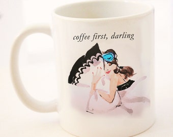 Mug: Modern Holly Golightly Mug  {11 oz Ceramic Mug} Audrey Hepburn Breakfast at Tiffany's Style Illustration Cute Coffee Mug