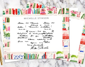 Watercolor Stationery: Bright Bookshelf Border {Stationary Notecards, Personalized, Custom, Girly, Envelopes, Illustration, Art}