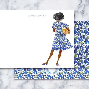 Custom Stationery Girl: Blue Tile Dress Girl Curly {Stationary Notecards, Personalized, Watercolor, Custom, Fashion Drawing, Girly}