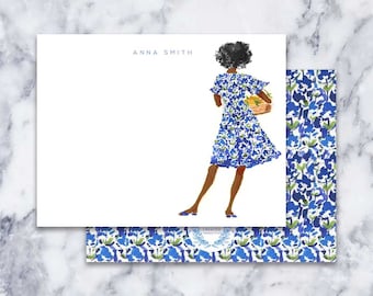 Custom Stationery Girl: Blue Tile Dress Girl Curly {Stationary Notecards, Personalized, Watercolor, Custom, Fashion Drawing, Girly}
