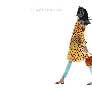 May include: A watercolor illustration of a person wearing a long, yellow and black leopard print coat, blue jeans, and black shoes. The person is carrying a brown handbag. The text "BLACK/COCOA" is written in the top left corner of the image.