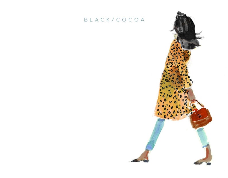 May include: A watercolor illustration of a person wearing a long, yellow and black leopard print coat, blue jeans, and black shoes. The person is carrying a brown handbag. The text "BLACK/COCOA" is written in the top left corner of the image.