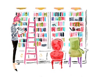 Art Print: "In the Library" {Book Sketch, Reader, Reading Drawing, Cute sketch, girly, Fashion Illustration, bright, apartment decor}