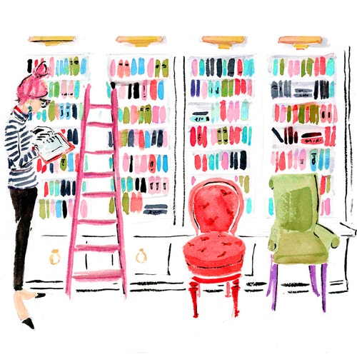Impression d'art : « Dans la bibliothèque » {croquis de livre, liseuse, dessin de lecture, croquis mignon, girly, illustration de mode, lumineux, décoration d'appartement}