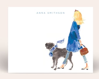 Personalized Stationery Set: Blue Coat Headband Girl With Black Lab {Stationary Notecards, Personalized, Watercolor, Custom}