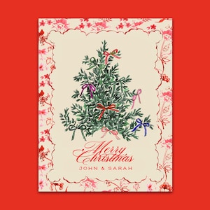 May include: A vintage Christmas card with a green watercolor illustration of a Christmas tree decorated with colorful bows. The card has a white background with a red floral border and the text "Merry Christmas John & Sarah".