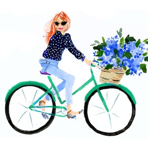 K&ouml;nnte beinhalten: Aquarellillustration einer Person, die auf einem gr&uuml;nen Fahrrad mit einem Korb voller blauer Blumen f&auml;hrt. Die Person tr&auml;gt ein marineblaues Polka-Dot-Hemd, hellblaue Jeans und eine Sonnenbrille. Das Fahrrad hat schwarze Reifen.