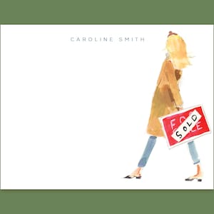 May include: A watercolor illustration of a woman in a brown coat and blue jeans walking away from the viewer, holding a red and white "SOLD" sign.