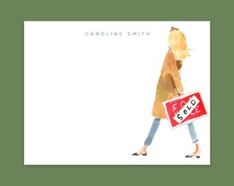 Personalized Stationery Girl: Camel Coat Sold Sign Realtor Girl {Stationary Notecards, Personalized, Watercolor, Custom, Fashion Drawing