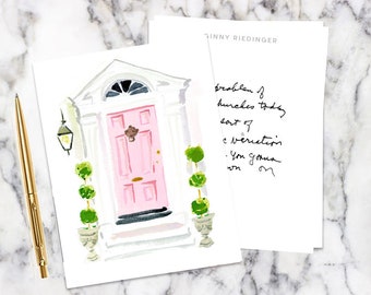 Personalized Stationery Notecards: The Pink Door {Stationary Notecards, Personalized, Watercolor, Custom, Fashion Drawing, Girly}